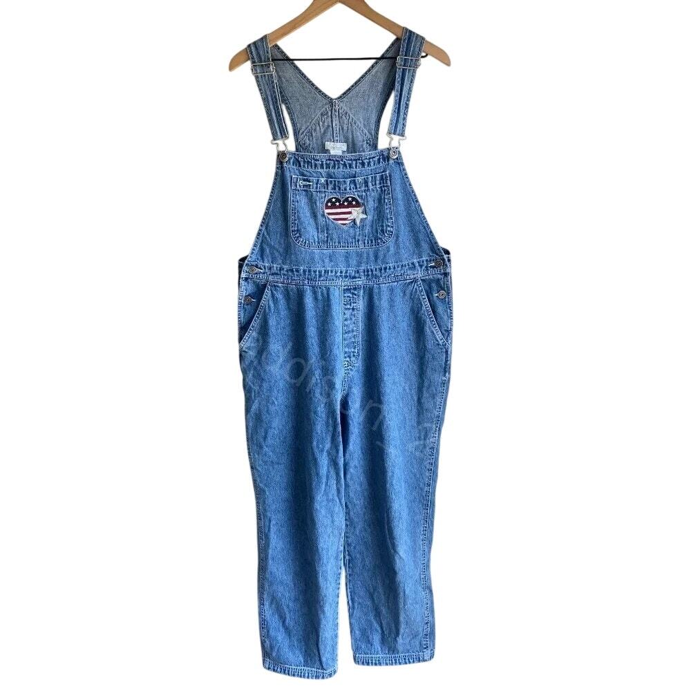 Vintage Christopher & Banks Denim Overalls with Embroidered Heart Shape Flag